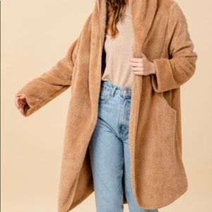 OPEN FRONT POCKET HOODED TEDDY COAT